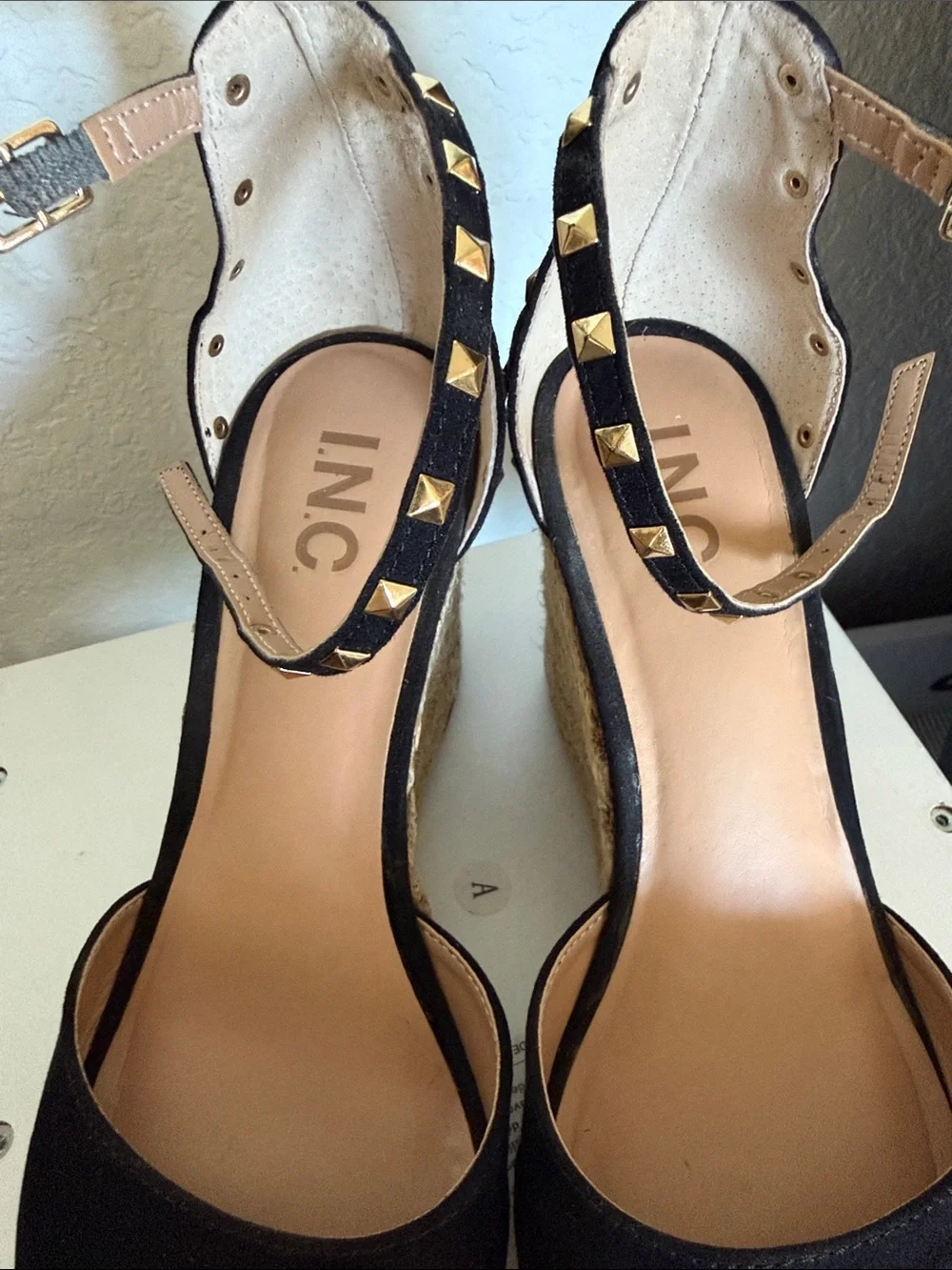 INC International Concepts Black Espadrille Wedge Sandals with Gold Stud Accents